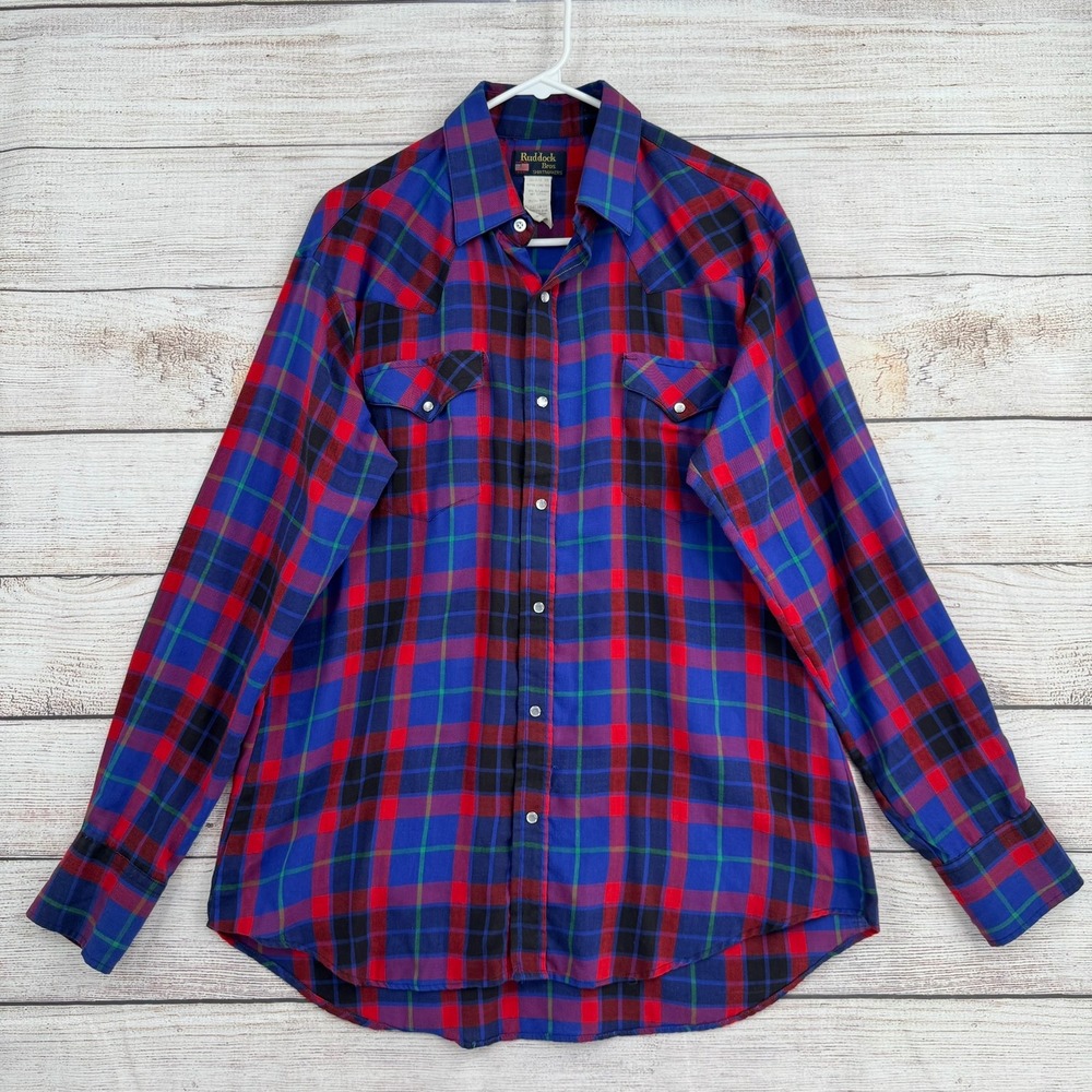 Vintage Ruddock Bros Western Shirt Mens 16.5 35 Blue Red Pearl Snap‎ Long Tail